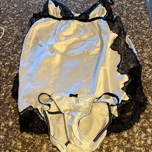 Victoria's Secret Ivory Satin Chemise with Black Lace Trim and Matching Bikini